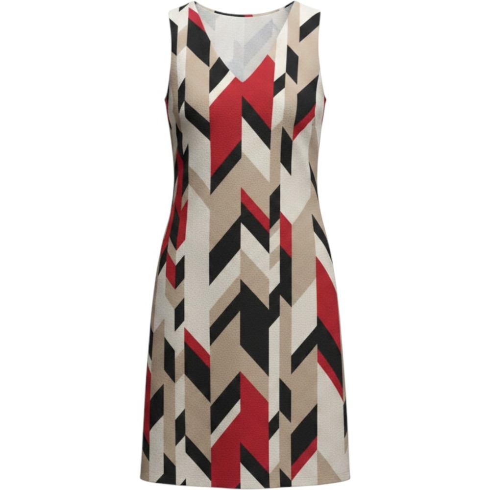 Hugo Boss Geometric Chevron V-Neck Sleeveless Shift Dress 8 Red Black White EUC